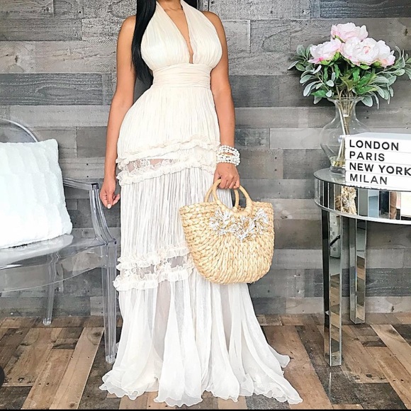 PrettyLittleThing Dresses & Skirts - Ruffle Ivory Backless Halter Maxi Dress